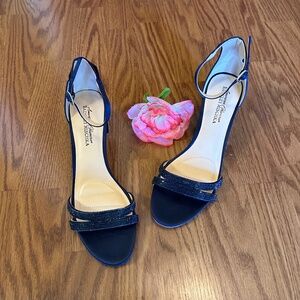 Badgley Mischka Jeweled Strappy Sapphire Blue Block Heels Size 8.5